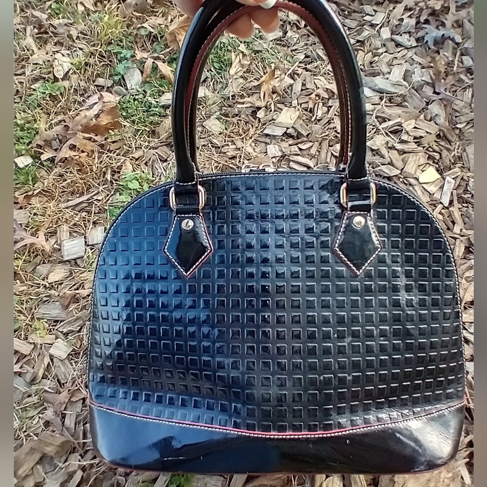 Arcadia Black Patent Leather Embossed Bag